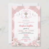 Invitation Pot Pink Aquarelle Crest Première Communion Sainte (Devant)