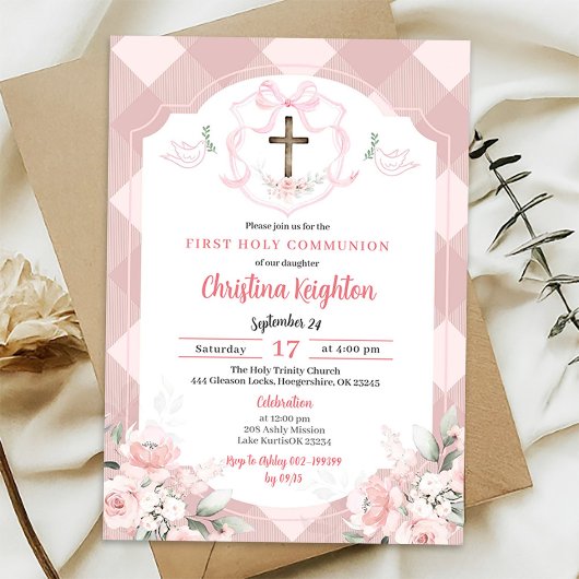 Invitation Pot Pink Aquarelle Crest Première Communion Sainte