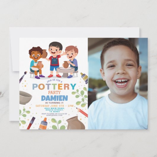Invitation Poterie Artisanat Argile Art Photo Boys Anniversai (Devant)
