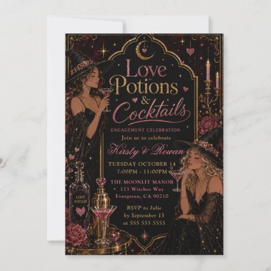 Invitation Potions d'amour et cocktails Célébration de fiança (Devant)