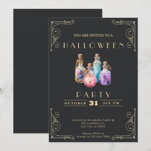 Invitation Potions Noir & Or Chalkboard Halloween (Devant / Derrière)