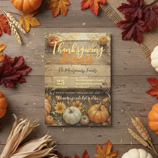 Invitation Potluck de Thanksgiving Citrouille Aquarelle Rusti