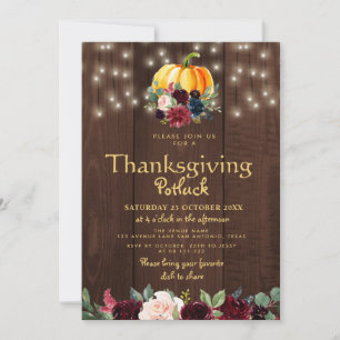 Invitation Potluck de Thanksgiving floral aquarelle rustique