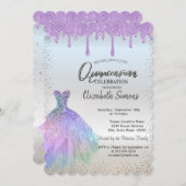 Invitation Pots Confetti, Robe Bleue Déchets Violet Quinceañe (Devant / Derrière)