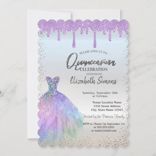 Invitation Pots Confetti, Robe Bleue Déchets Violet Quinceañe (Devant)