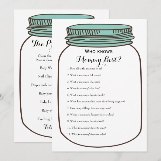 Invitation Pots de maçon turquoises 2 jeux de baby shower de (Devant / Derrière)