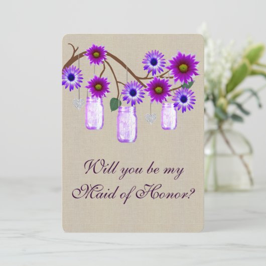 Invitation Pots en verre Mason violet rustique en toile de ju (Debout devant)