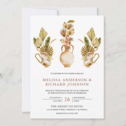 Invitation Pots Floraux Terre Rustique Mariage Boho Palm séch (Devant)