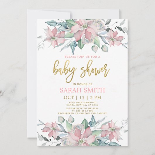 Invitation Potsé rose fille Baby shower de Noël (Devant)