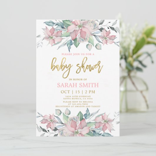 Invitation Potsé rose fille Baby shower de Noël (Debout devant)