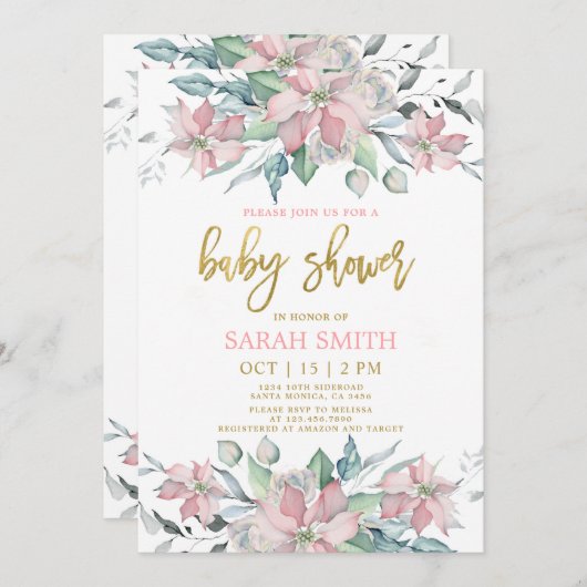 Invitation Potsé rose fille Baby shower de Noël (Devant / Derrière)