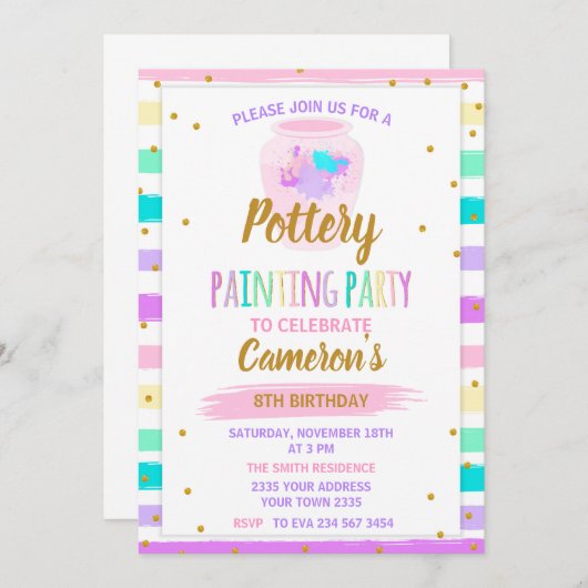Invitation Pottery painting paint birthday party (Devant / Derrière)