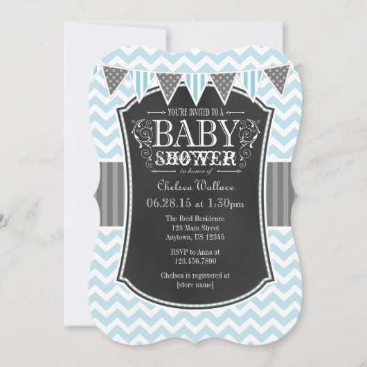 Invitation Poudre bleu Chalkboard Chevron Baby shower Invitat (Devant)