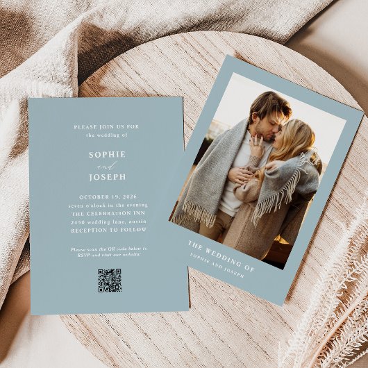 Invitation Poudre Bleu Élégant Texte et Photo QR Code Mariage