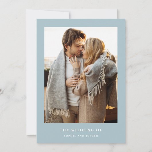 Invitation Poudre Bleu Élégant Texte et Photo QR Code Mariage (Devant)