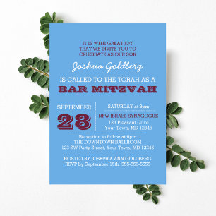 Invitation Poudre bleu et nom de la marron Logo Bar Mitzvah