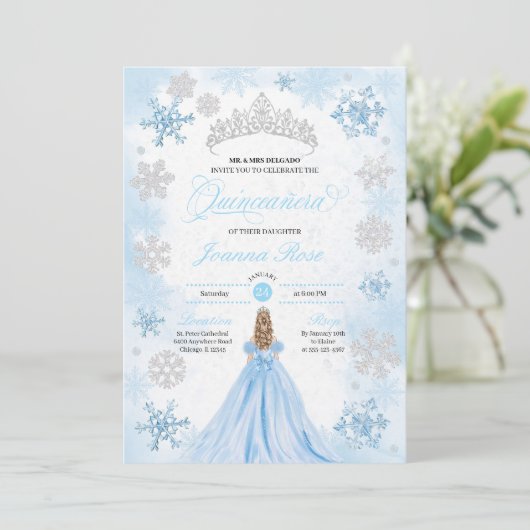 Invitation Poudre Blue Winter Wonderland Quinceanera (Debout devant)