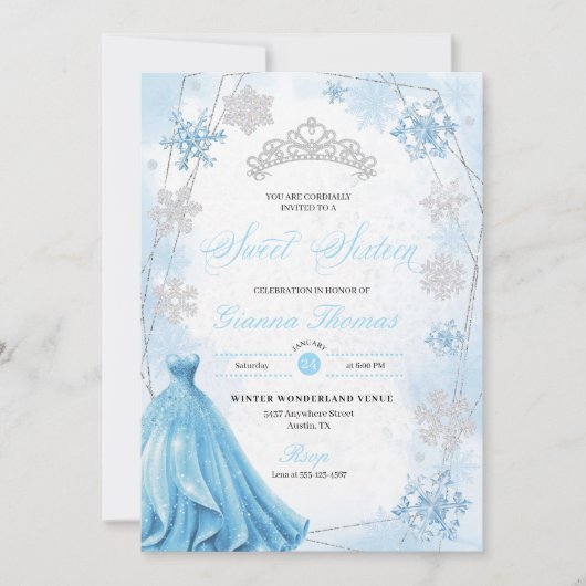 Invitation Poudre Blue Winter Wonderland Snowflake Sweet 16 (Devant)
