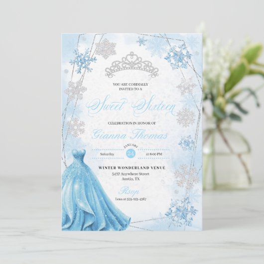 Invitation Poudre Blue Winter Wonderland Snowflake Sweet 16 (Debout devant)