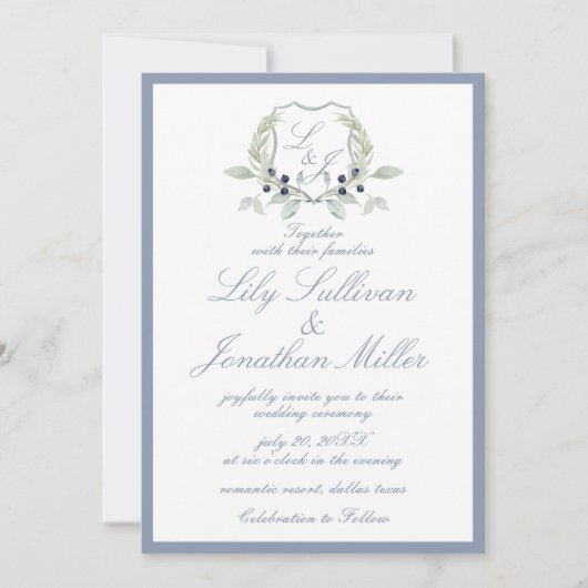 Invitation Poudre claire bleu Monogramme romantique Mariage d (Devant)