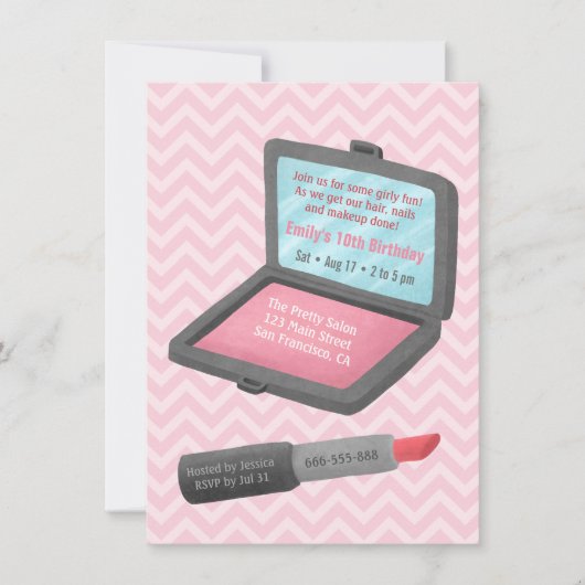 Invitation Poudre de maquillage et bâton à lèvres filles fête (Devant)