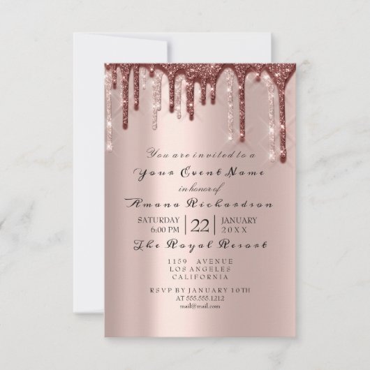 Invitation Poudre de Rose Pailleté Glitter Gouttes MARIAGE 16 (Devant)