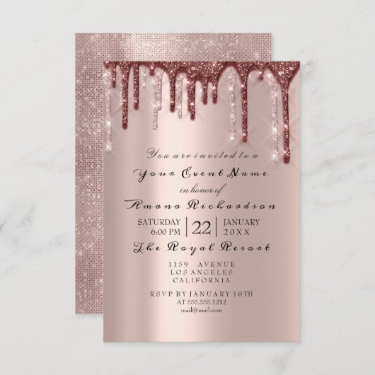 Invitation Poudre de Rose Pailleté Glitter Gouttes MARIAGE 16 (Devant / Derrière)