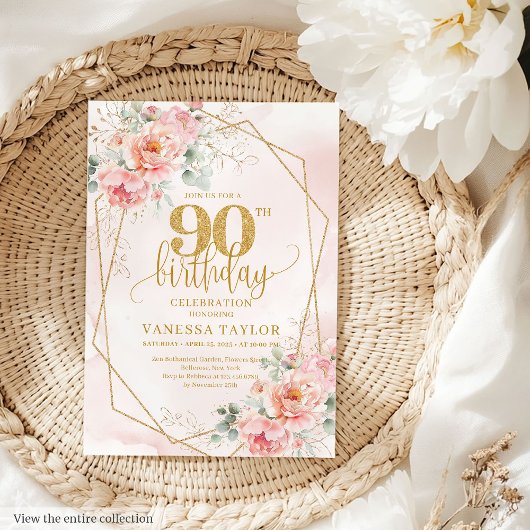 Invitation Poudre rose or intemporelle florale 90e anniversai