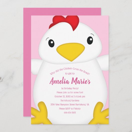Invitation Poulet fête d'anniversaire rose (Devant / Derrière)