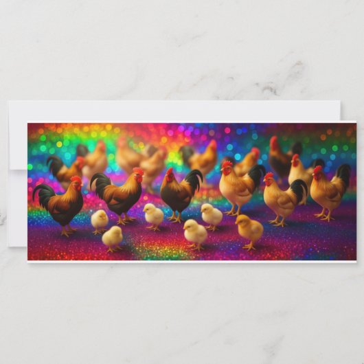 Invitation Poulets sur un fond arc-en-ciel (Devant)