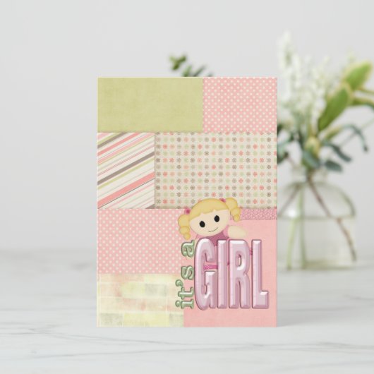 Invitation Poupée de douche pour fille bébé sur la surface co (Debout devant)