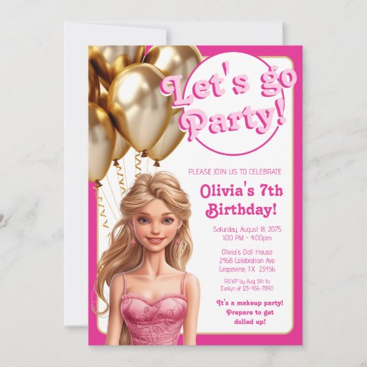 Invitation Poupée de mode rose or fête d'anniversaire (Devant)