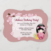 Invitation Poupée de printemps de Kokeshi - fête d'anniversai (Devant / Derrière)