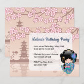 Invitation Poupée Keiko Kokeshi - Blue Kimono fête d'annivers (Devant / Derrière)