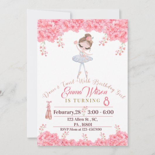 Invitation Poupée rose florale Ballerina Anniversaire (Devant)