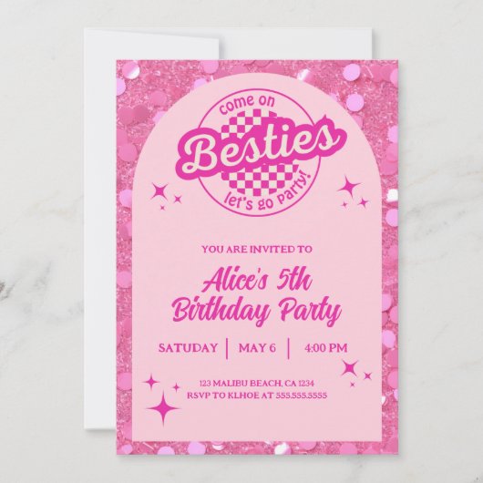 Invitation Poupée rose Parties scintillant thème Anniversaire (Devant)