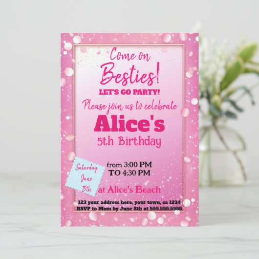 Invitation Poupée rose Parties scintillant thème Anniversaire (Debout devant)