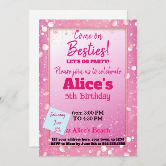 Invitation Poupée rose Parties scintillant thème Anniversaire (Devant / Derrière)