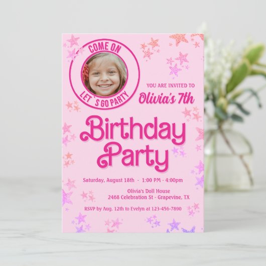 Invitation Poupée rose photo fête d'anniversaire (Debout devant)