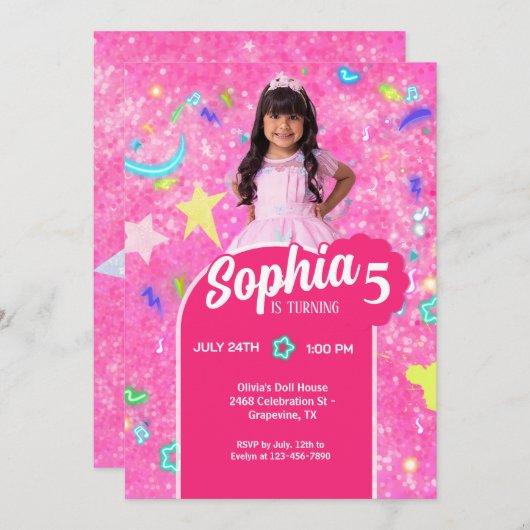 Invitation Poupée rose photo fête d'anniversaire (Devant / Derrière)