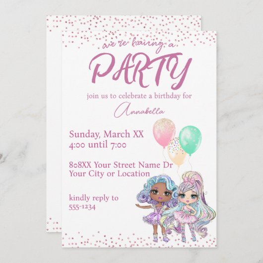 Invitation Poupées filles mignonnes Parties scintillant avec (Devant / Derrière)