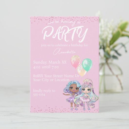 Invitation Poupées mignonnes Parties scintillant avec ballons (Debout devant)