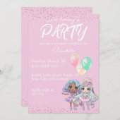 Invitation Poupées mignonnes Parties scintillant avec ballons (Devant / Derrière)
