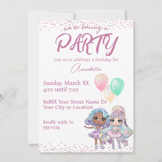 Invitation Poupées scintillantes avec ballons (Devant)