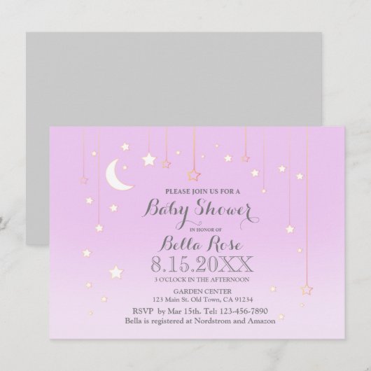 Invitation Pouple gris étoile lune bébé fille baby shower inv (Devant / Derrière)
