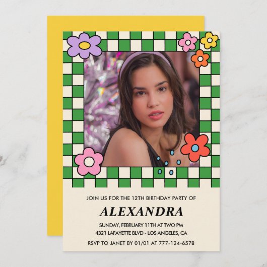 Invitation pour 13e anniversaire Fleurs Super rétr (Devant / Derrière)