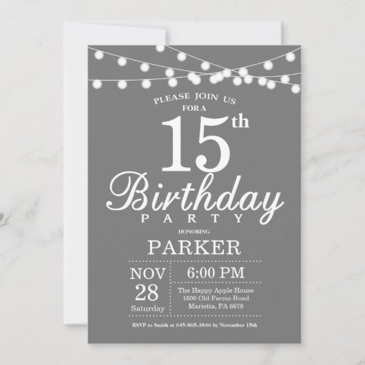 Invitation pour 15 ans gris et blanc (Devant)