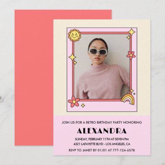 Invitation pour 15 ans Retro Groovy Fleurs Roses (Devant / Derrière)