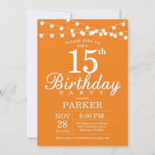 Invitation pour 15e anniversaire Orange (Devant)