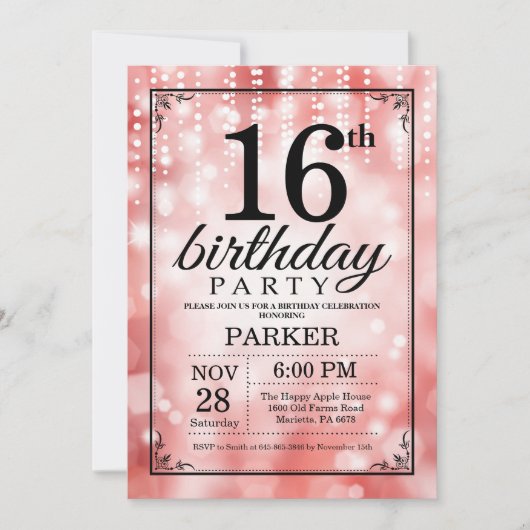 Invitation pour 16 ans avec paillettes rouges (Devant)